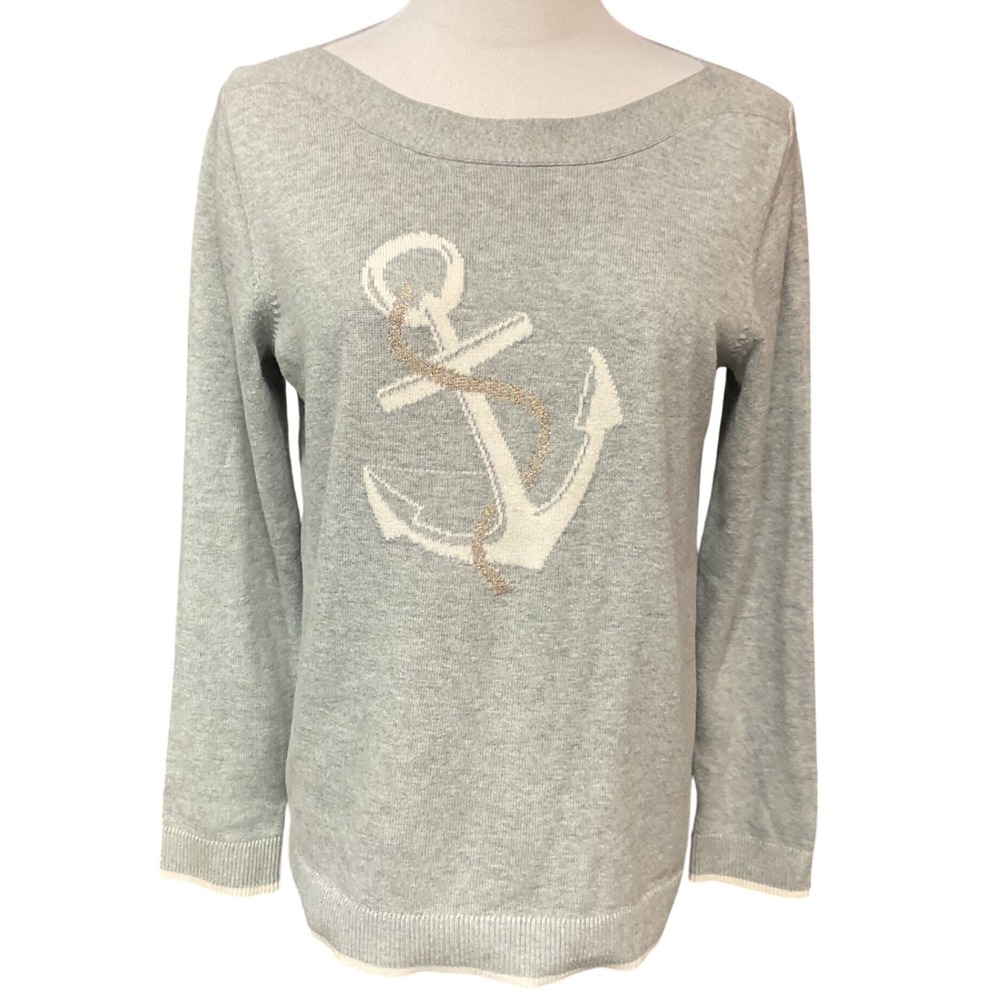 Hasting & Smith Gray Nautical Anchor Boat Neck Long Sleeve Pullover Sweater Sz M - Picture 2 of 10